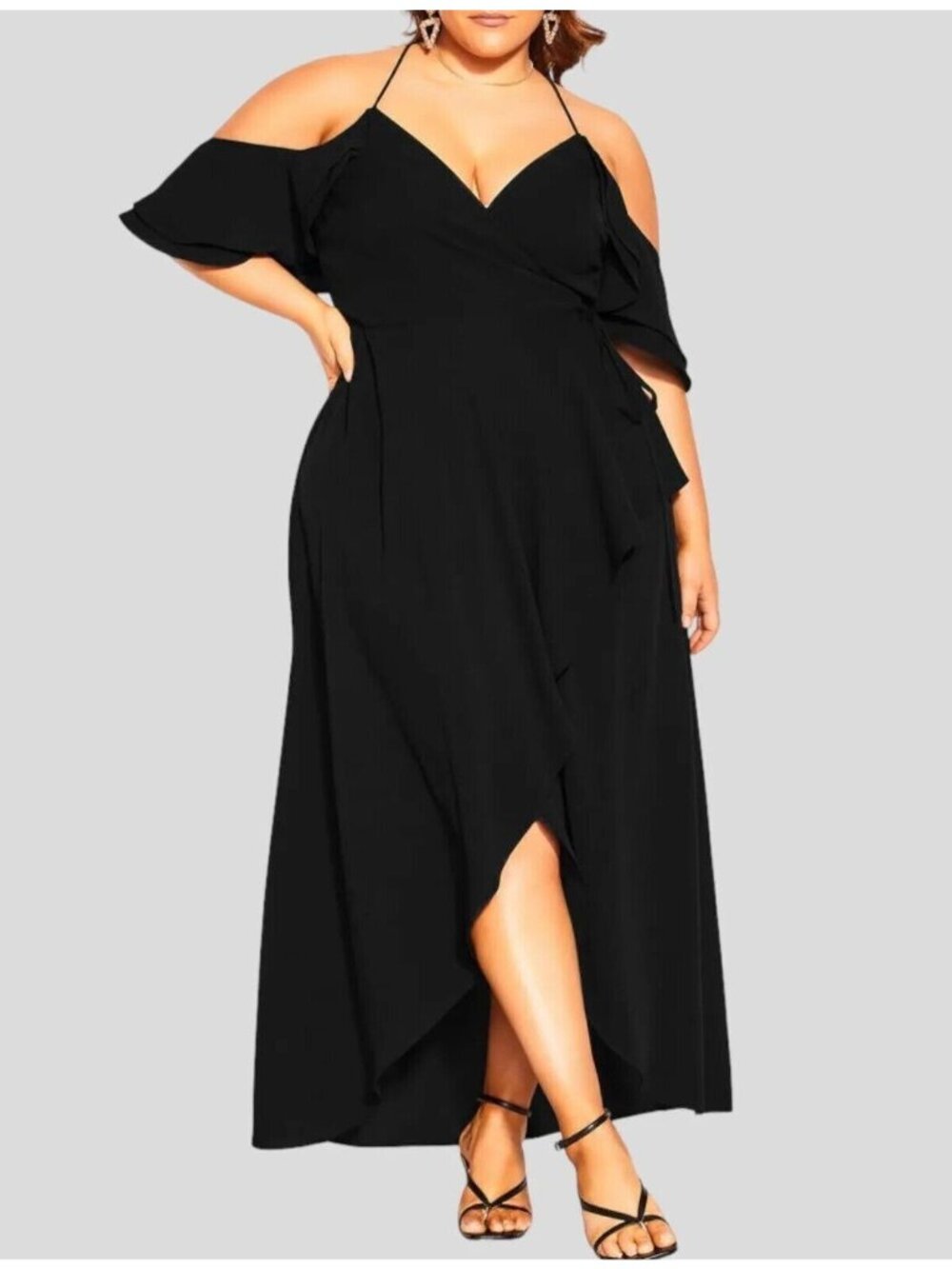 City Chic Maxi Wrap Curvy Dress Plus Size L 20 Black Ruffle Sleeve Lined Stretch